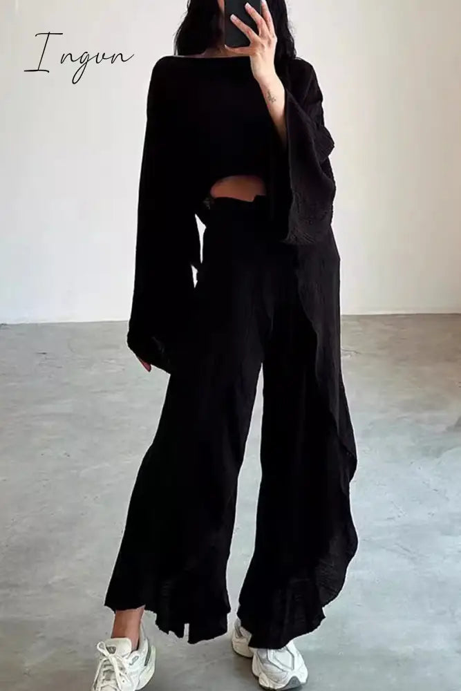 Ingvn - Casual Solid Frenulum Flounce Slit O Neck Long Sleeve Two Pieces
