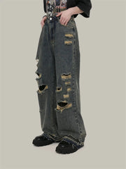 Ingvn  Women's Vintage Distressed Neutral Jeans Cool Girl High Waist Wide Legs Thin Pants Female Casual Straight Blue Denim Trousers