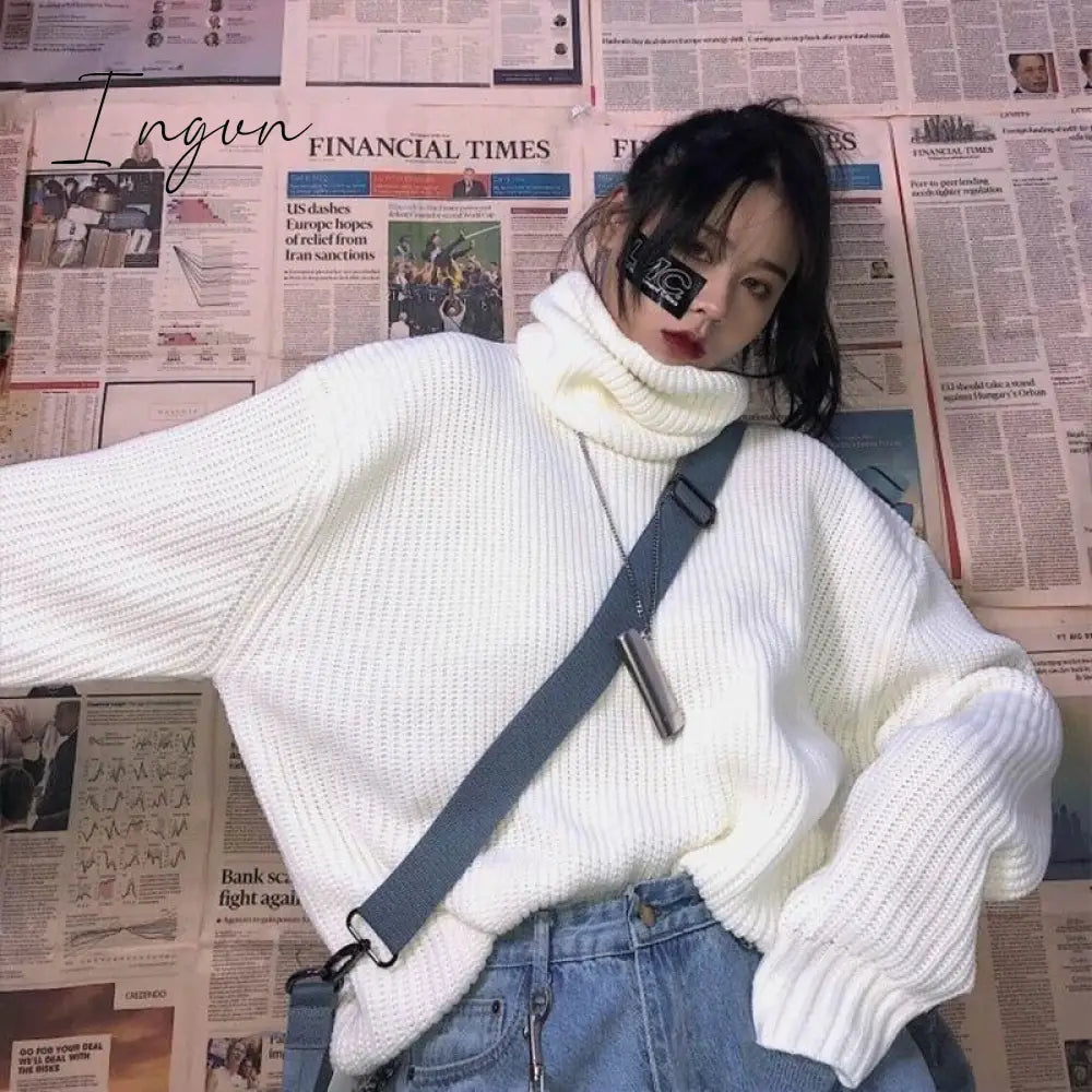 Ingvn - Solid Color Turtleneck Knitted Loose Sweater