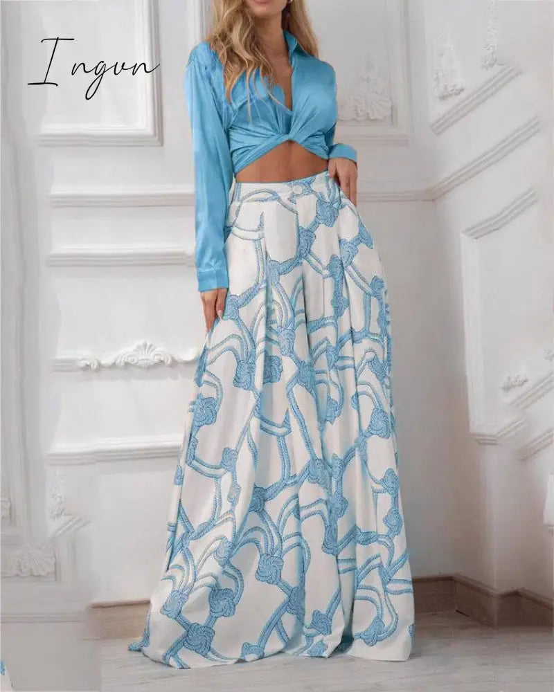 Ingvn - 2023 Fashion Summer Autumn Two Piece Sets Womens Fashion Sexy Mid Sleeve Shirt Elgant Floral Print Wide Leg Pant Suit Casual 2pcs Set Women