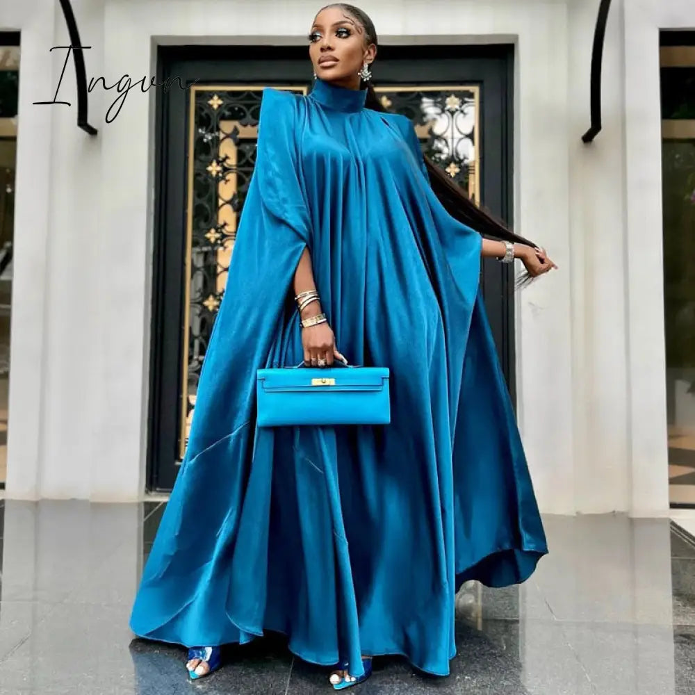 Ingvn - Women Oversized Dresses Mock Neck Batwing Sleeve Loose Large Sparkly Robes Vintage Blue Party Event Occasion Christmas Gowns