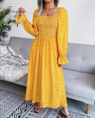 Ingvn - Fashion New Print Square Collar Chiffon Dress Women Elegant Pleated Loose Dress Women Puff Sleeve Party Dresses for Women Robes 18123