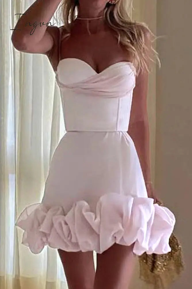 Ingvn- Sexy Solid Fold V Neck Wrapped Skirt Dresses