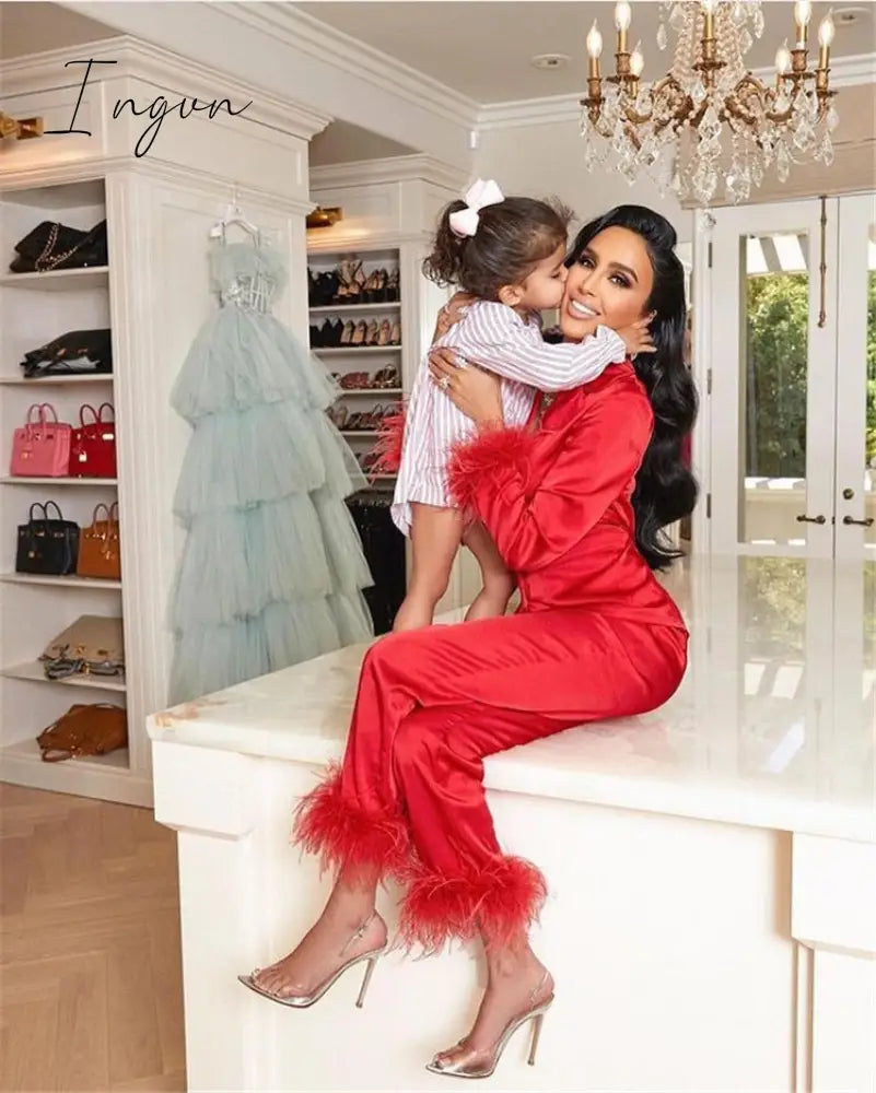 Ingvn - Trendy Women Pajamas Set Autumn Casual Lapel Tops + Feather Pants Suits Sexy Lingerie Nightwear Silk Satin Pyjamas pjs Suit 2Pcs