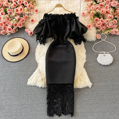 Ingvn - Sexy Hollow Out Lace Bodycon Long Dress Women Elegant Red/Pink/White Off Shoulder Patchwork Maxi Party Vestidos Autumn New
