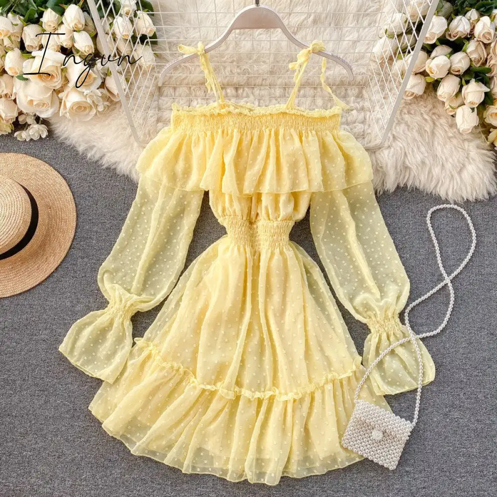 Ingvn - Spring Outfits Sexy ruffles Summer off shoulder short dress spaghetti strap Party elastic waist dress Women casual beach a-line dress