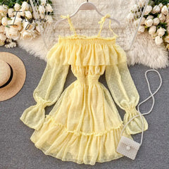 Ingvn - Spring Outfits Sexy ruffles Summer off shoulder short dress spaghetti strap Party elastic waist dress Women casual beach a-line dress