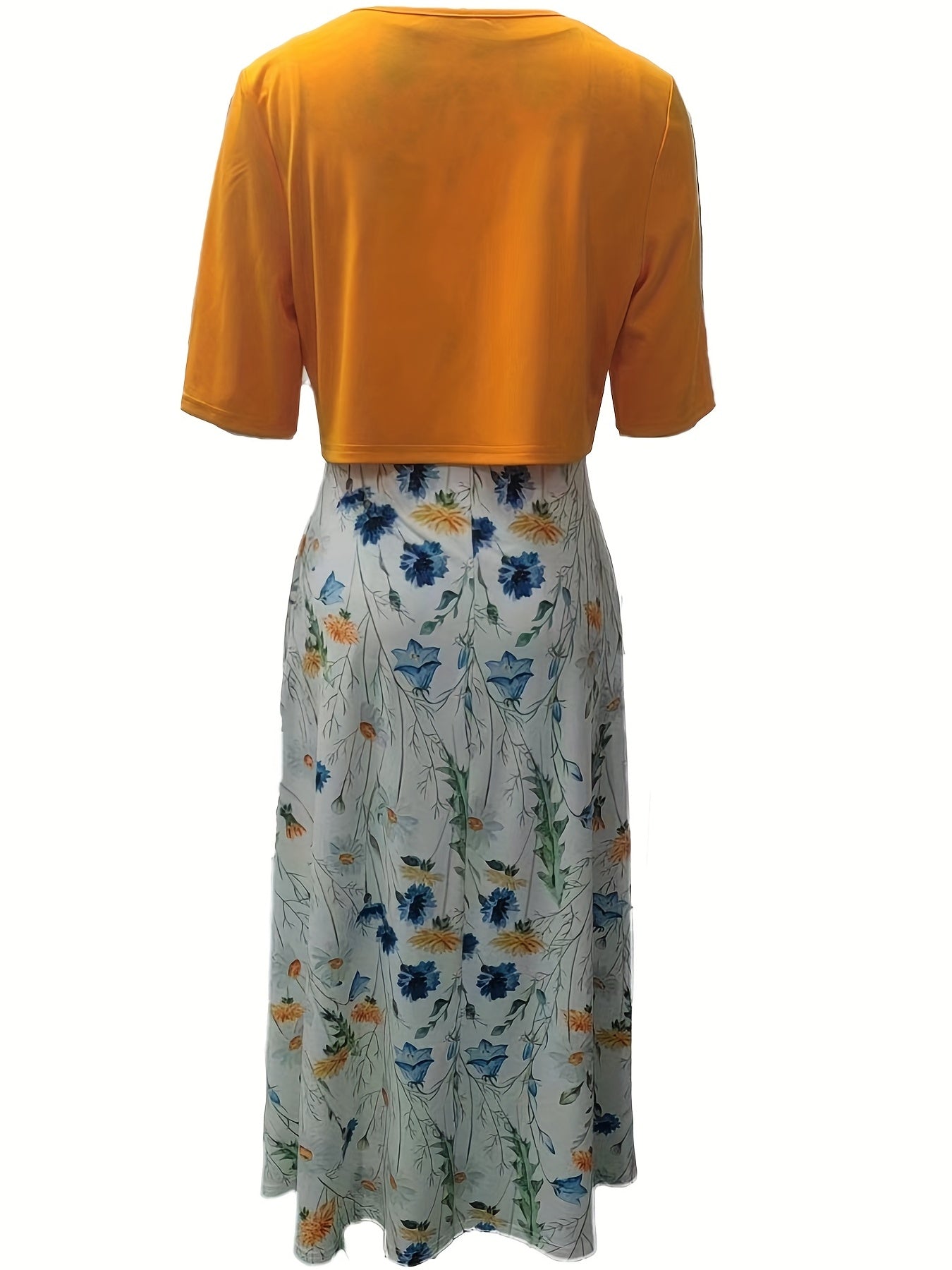 Spring/Summer Chic: Floral Print Two-Piece with V-Neck Crop Top & Comfortable Knit Dress Set, Elegant & Easy Care