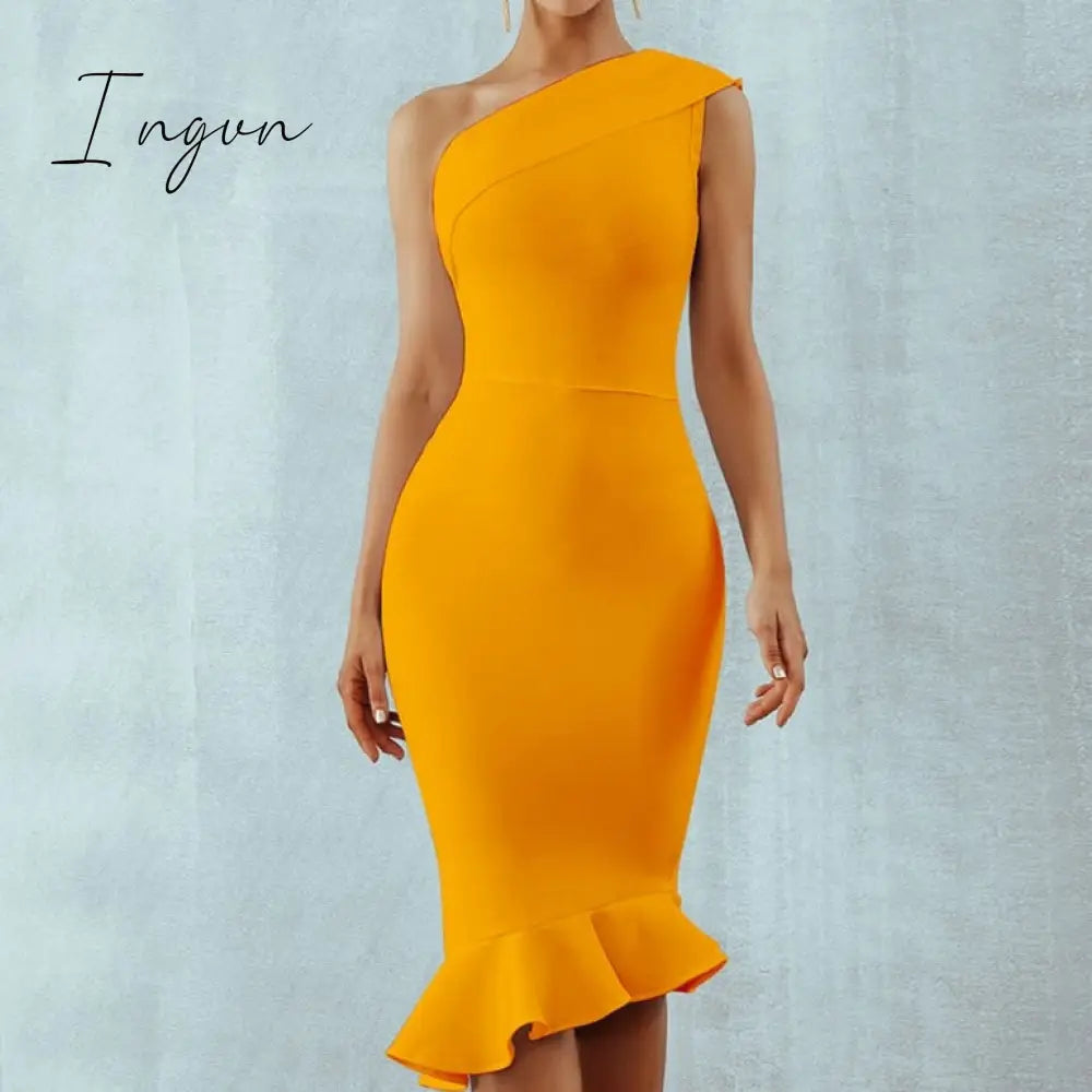 Ingvn - New Summer Women Bandage Dress Sexy One Shoulder Sleeveless Ruffles Nightclub Celebrity Evening Party Mermaid Dresses