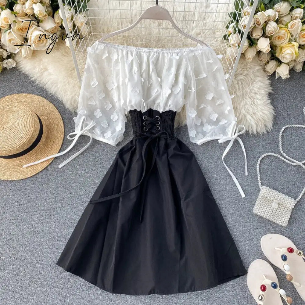 Ingvn - New Fashion Sexy Off Shoulder patchwork Summer Short Dress Party flower chiffon Slim waist lace up Women casual A-Line beach dress