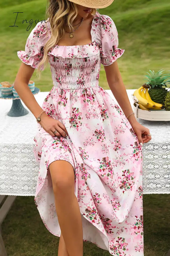 Ingvn - Floral Square Neck Flounce Sleeve Midi Dress