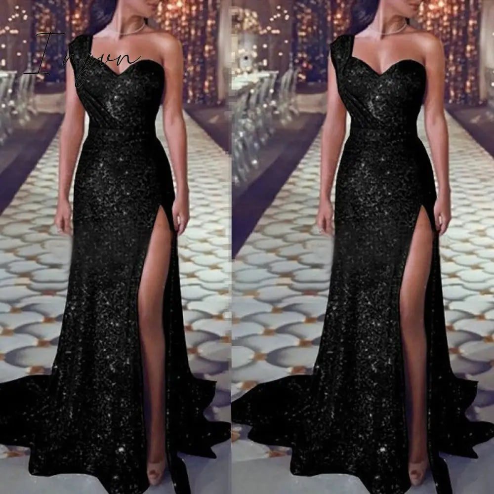 Ingvn - Big 5XL Fashion Women Dress Sequin Prom Party Fork Opening Ladies Dresses Ball Gown Sexy Gold Evening V-Neck Long Women Dress