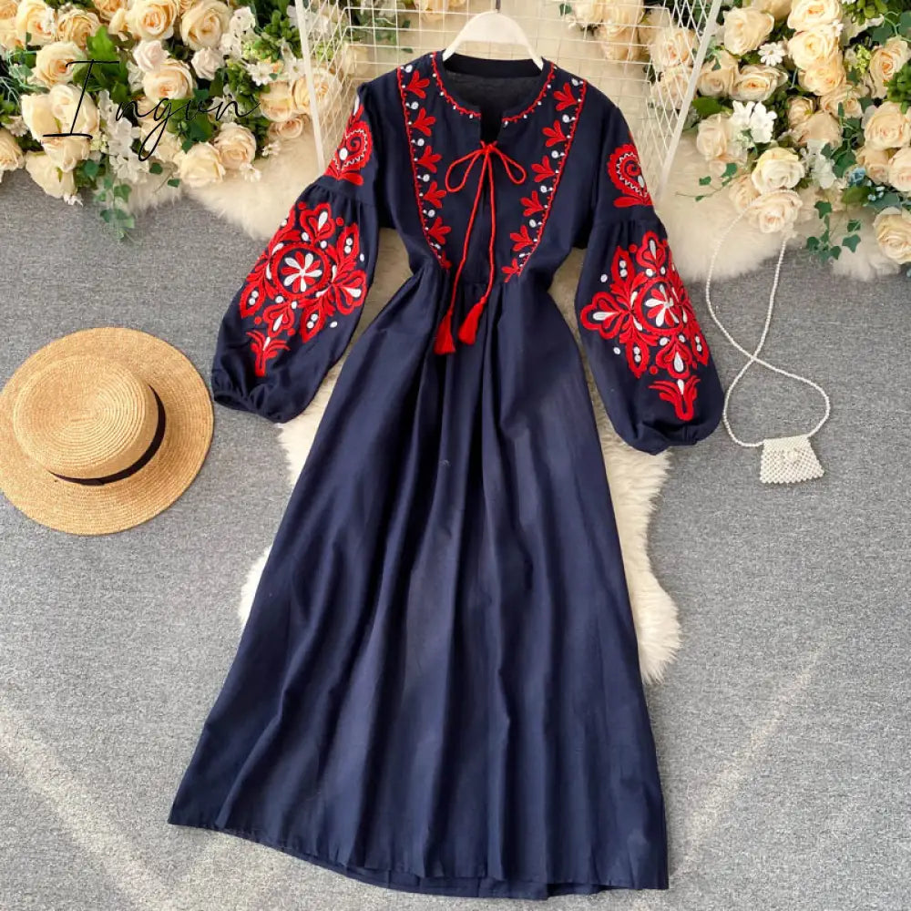 Ingvn - Women Autumn Dresses Bohemian Embroidered Flower O-Neck Lantern Sleeve High Waist Pleated Dress All-match Female Vestidos GK393