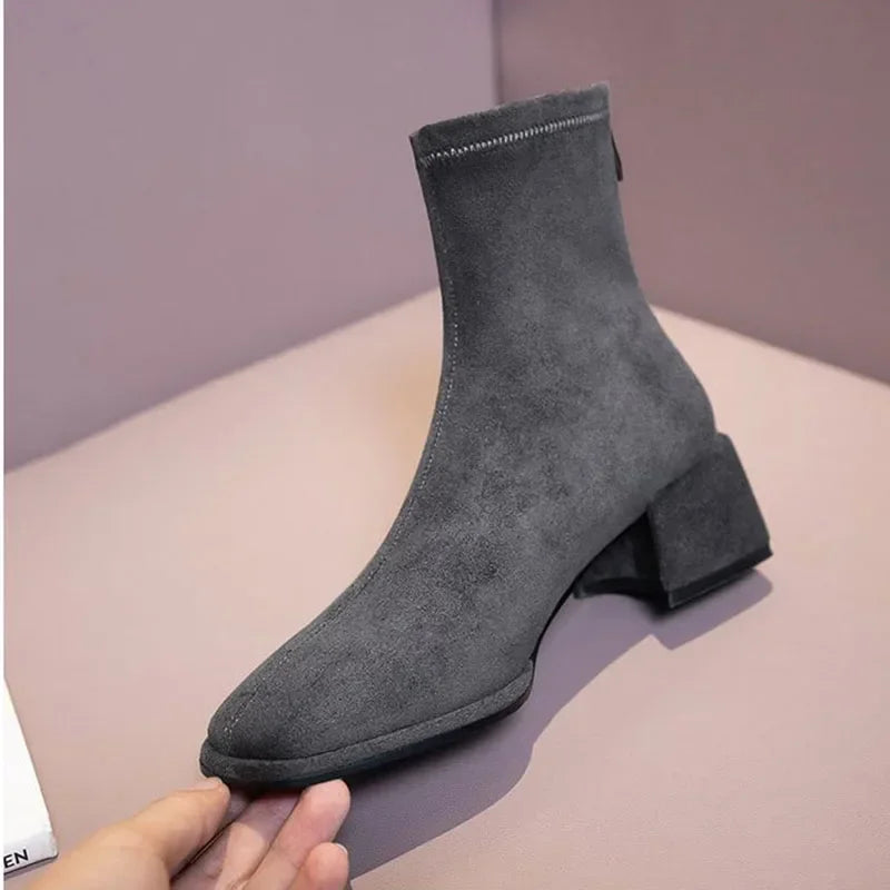 Square Toe Suede Short Boots Women's Autumn Winter Elastic Thick Heel Back Zip Ankle Boots Fashion Gray Black Botas De Mujer