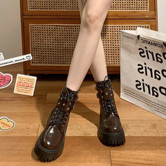 Ingvn  Autumn Women Motorcycle Boots Fashion Lace Up Short Booties Autumn Winter Female Platform Heel Shoes