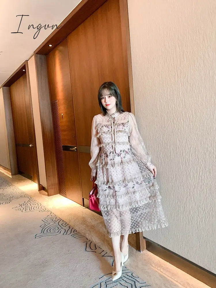 Ingvn - Spring Outfits Designer Runway Party Evening Midi Long Dresses For Women Ruffles Embroidery Floral Elegant Traf Chic Ladies Vestidos Femme Robe