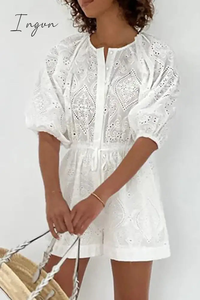 Ingvn - Casual Simplicity Solid Hollowed Out Draw String Pocket O Neck Loose Rompers
