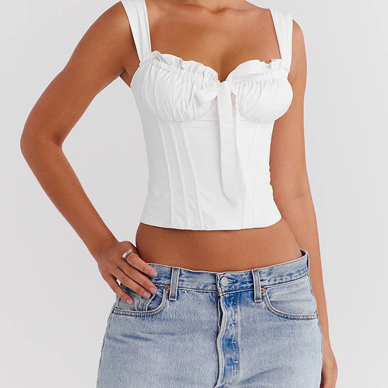 Women White Camisole Corset Tops Fitted Slim Cotton Summer Top Sexy Going Out Bodyshaper Bustier Tank Top