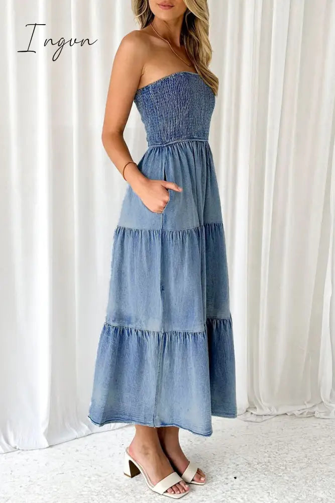 Gradual Change Pocket Slit Strapless Sleeveless Denim Dresses