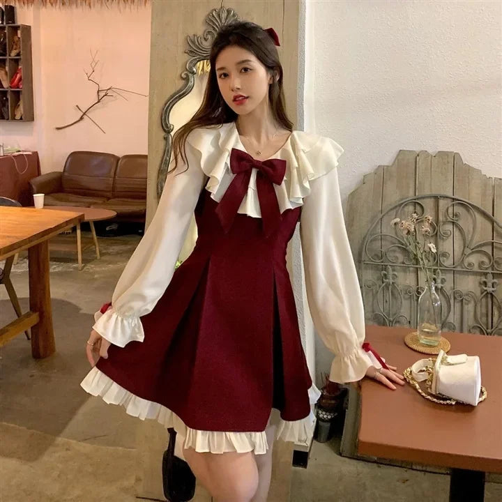 Christmas New Year Red Backpack Skirt Women's Petite French Soft Style First Love Dress Escape Princess Sweet Dress
