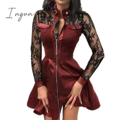 Ingvn - Women Plus Size 5XL Summer Lace Sleeve PU Faux Leather Mini Dress V-Neck Zipper Party Dress Sexy Bodydon Dress