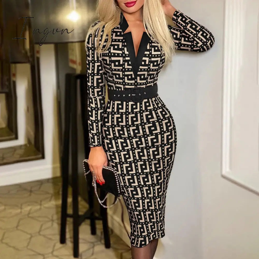Ingvn - Spring Outfits Trends Office Lady Long Sleeve V-neck Maxi Dress Spring Autumn Vintage Print Slim High Waist Belted Vestidos De Mujer Elegant Dresses