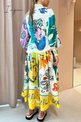 Ingvn - Bohemian Elegant Print Contrast Turndown Collar A Line Dresses