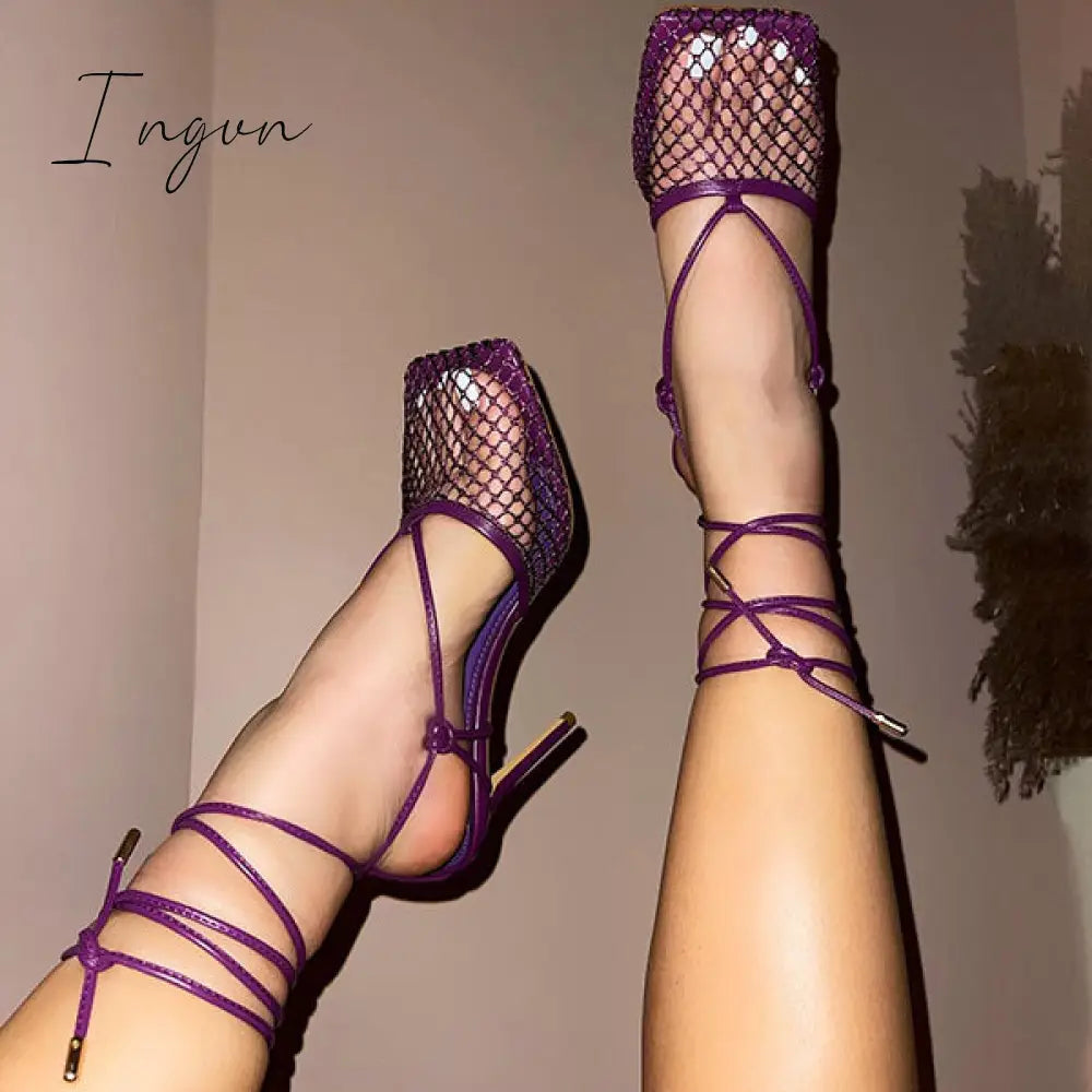Ingvn - Fishnet Squared Toe Lace Up Heels