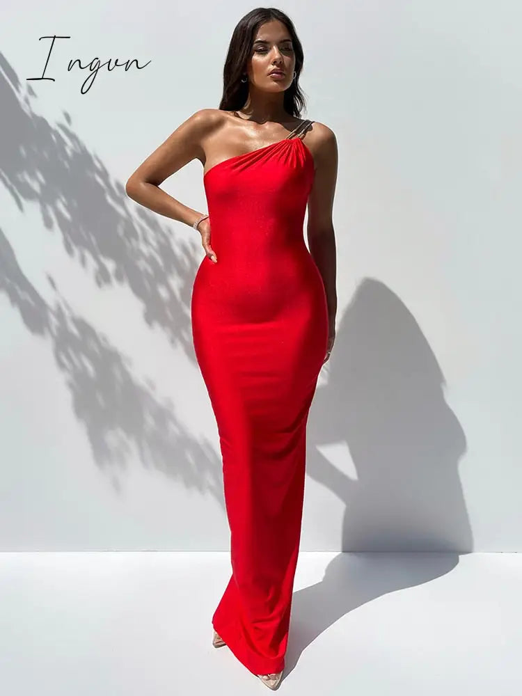 Ingvn - One Shoulder Backless Sexy Maxi Dress Women Gown Fashion Off-shoulder Sleeveless Bodycon Club Party Long Dress Vestidos