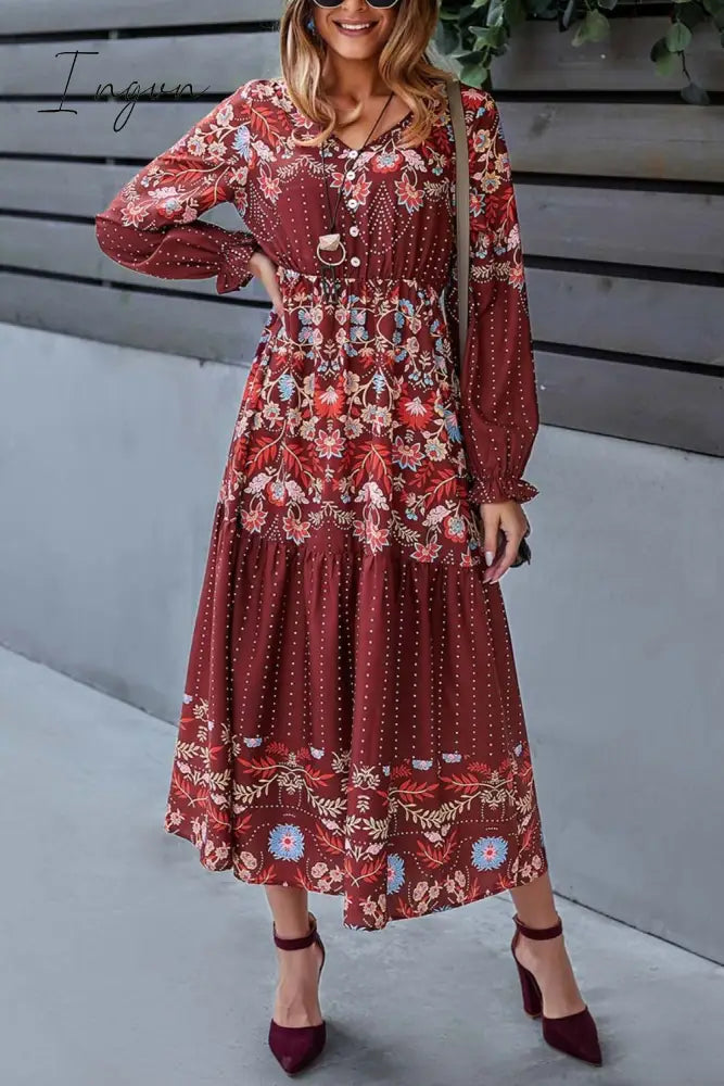 Ingvn - Floral Print Decorative Buttons V-Neck Flounce Sleeve Midi Dress