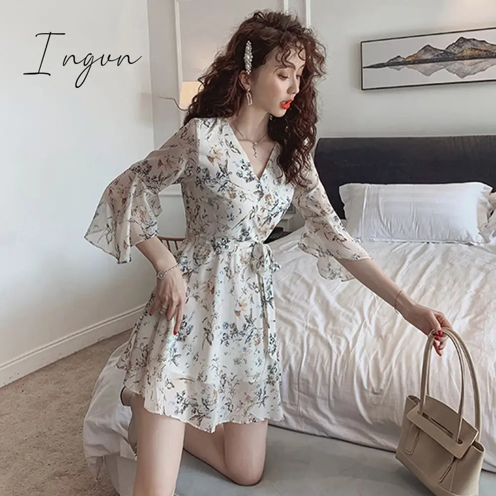Ingvn - Women Mini Dress Spring New V-neck Floral Chiffon Dress High Waist Flare Sleeve Female Dress Woman's Dress KarolyiDora KA88
