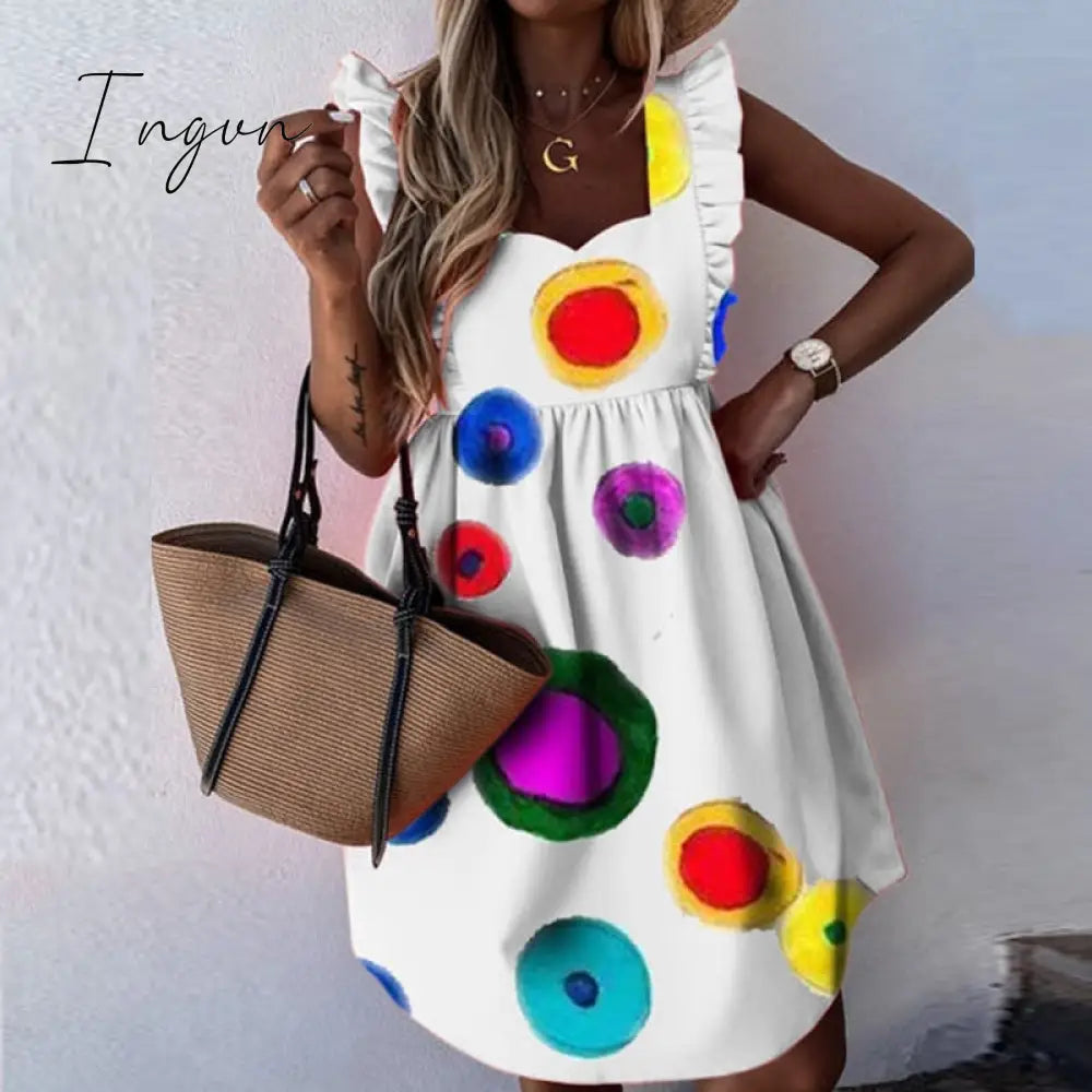 Ingvn - Elegant Butterfly Sleeve Ruffle Mini Dress Casual Square Collar Print Party Dress Women Summer Loose Pocket Beach Dress Vestidos