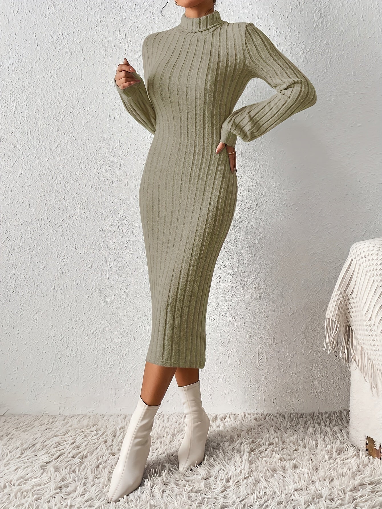 Elegant Long-Sleeve Turtleneck Bodycon Dress - Comfortable, Durable Knit for Chic Winter Style, Easy Maintenance