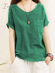 Ingvn - Green Loose Cotton Linen Blouse Oversize 5XL Blouses Women 2023 Summer Shirts Casual Short Sleeve O Neck Solid Shirt Lady Tops