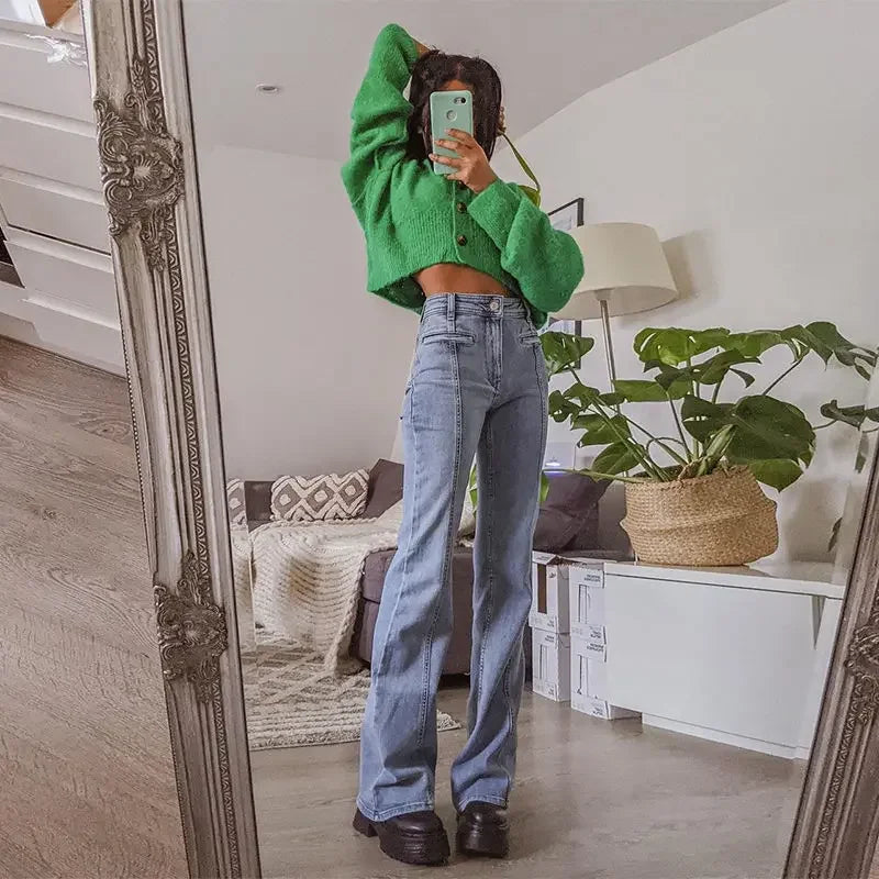 Ingvn  Retro Five Pointed Star Straight Women Jeans European and American Style Design Slim Fit Leg Length All Match Pants