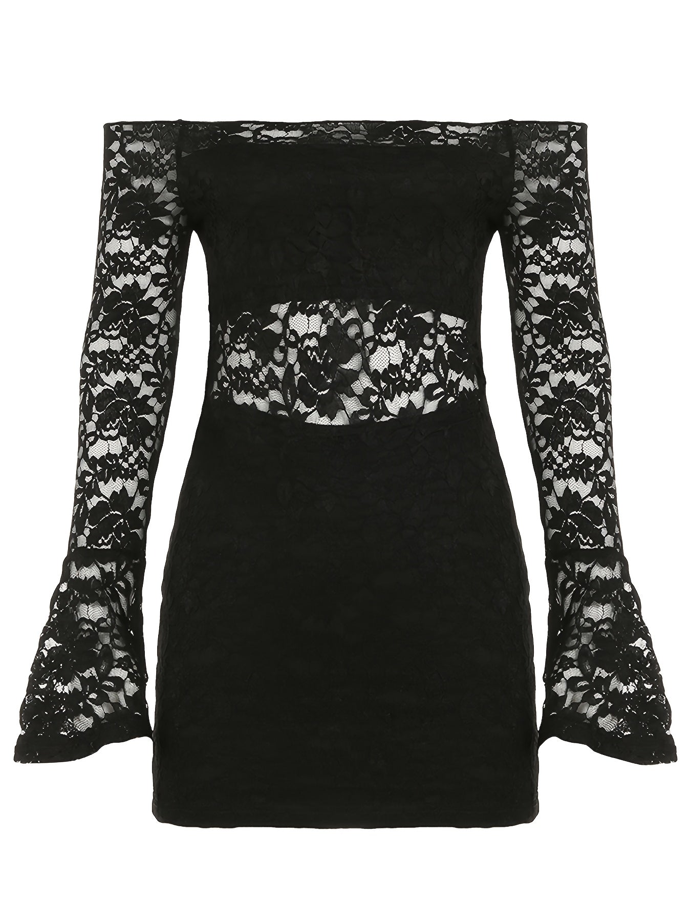 Elegant French Lace Patchwork Off-Shoulder Dress with Hollow Floral Design, Chic Bodycon Trumpet Long-Sleeve Dress for Parties And Vacations.