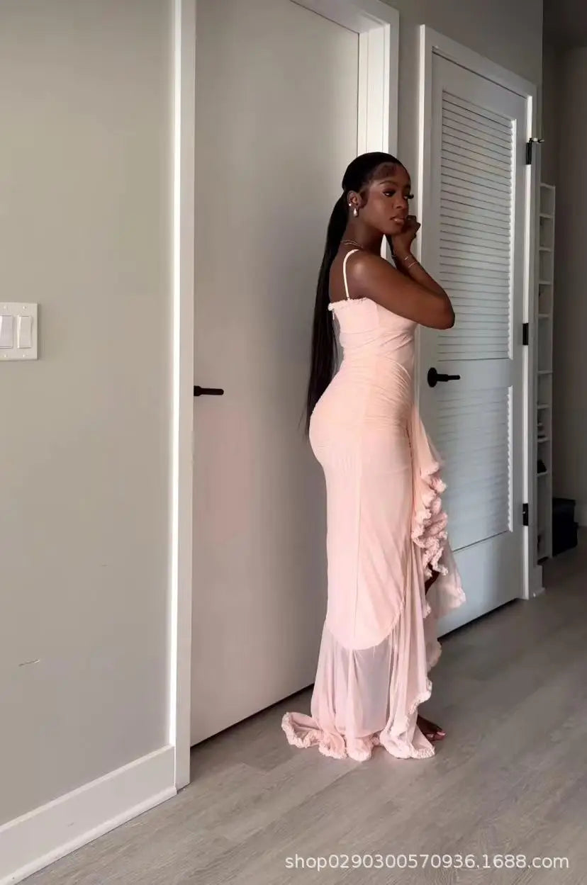 Elegant Solid Irregular Hem Pleated Dress Sexy Backless Off-the-shoulder Spaghetti Strap Vestidos New Lady Banquet Party Gowns