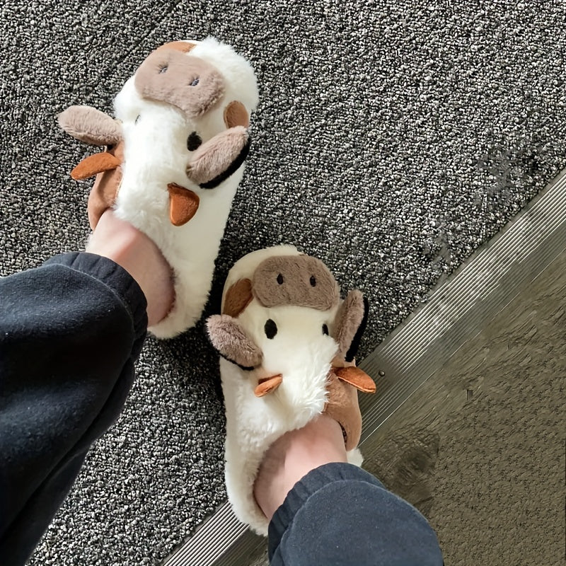 Womens Cartoon Cow Slippers - Plush Warm Lining, Closed Toe Fuzzy Slides, Ultimate Indoor Comfort for Cozy Days