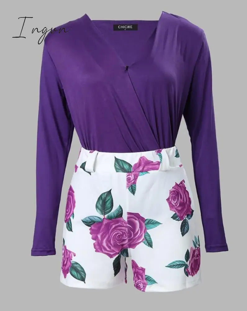 Ingvn - Spring Women Flower Printing Long Sleeve Pant Sets  2 Piece Set