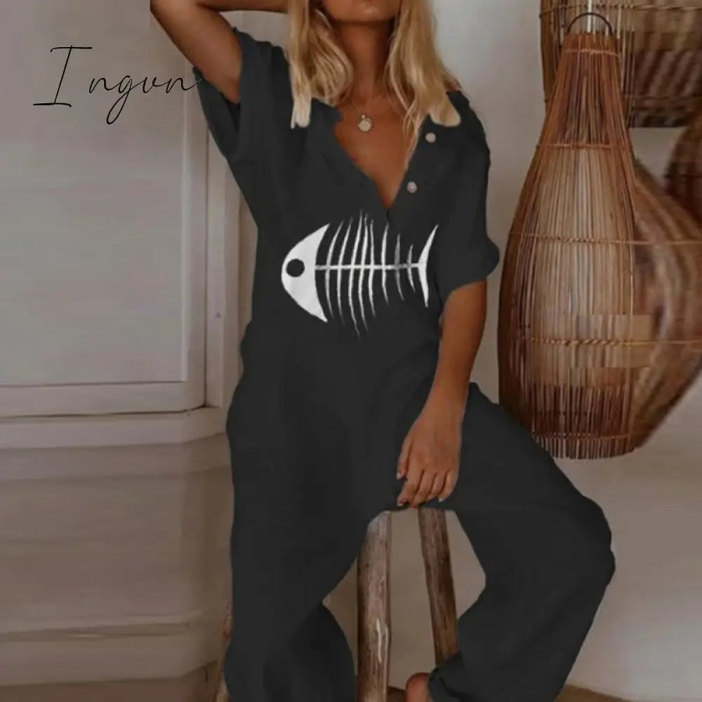 Ingvn - Summer Short Sleeve Eyelash Print Jumpsuit Casual Women Cotton Linen Playsuits V Neck Button Loose Overalls Romper Bodysuit