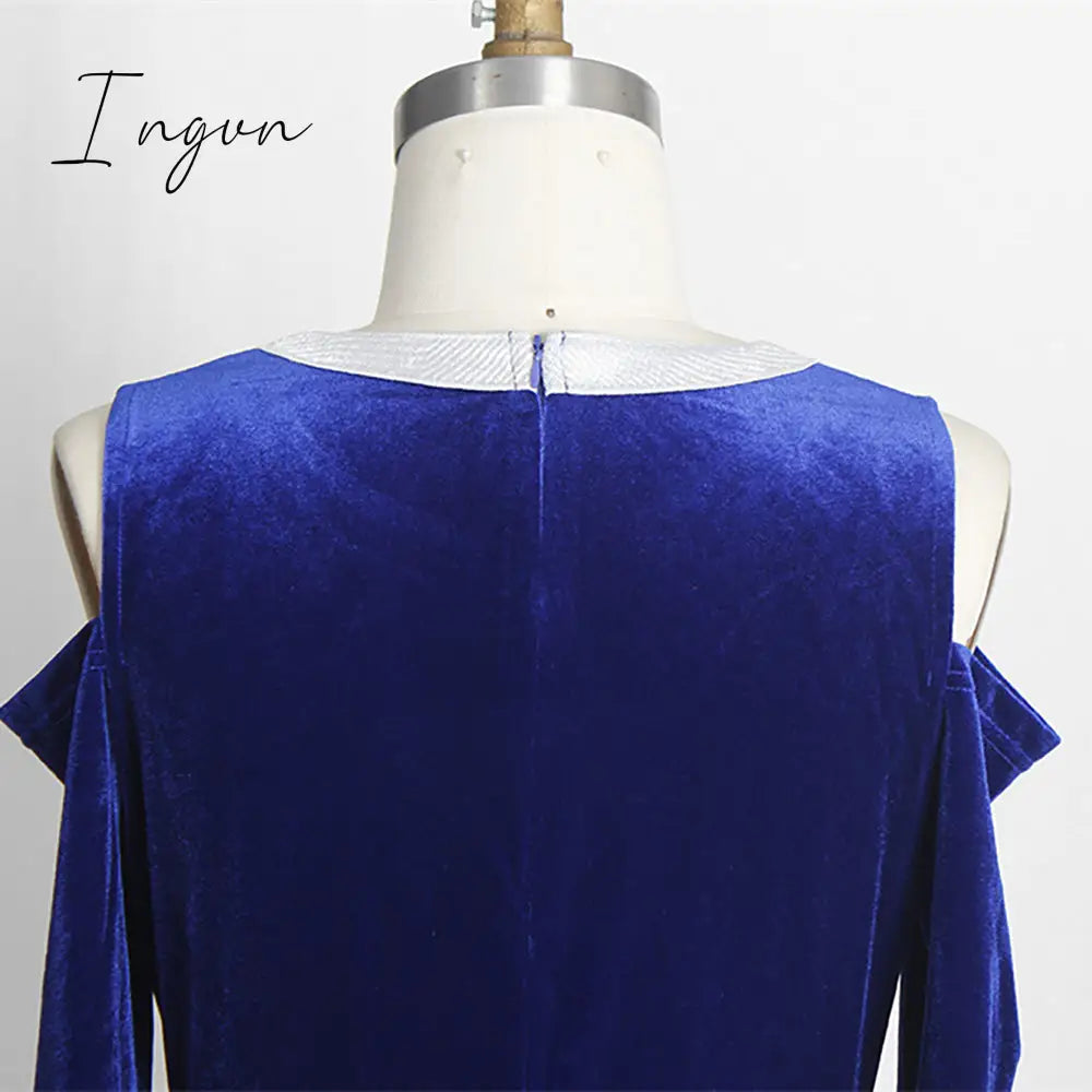 Ingvn - Elegant Blue Velvet Mermaid Long Dress Women Dinner Evening Formal Gown Ladies Bodycon Peplum Ruffle Vintage Maxi Party Dress
