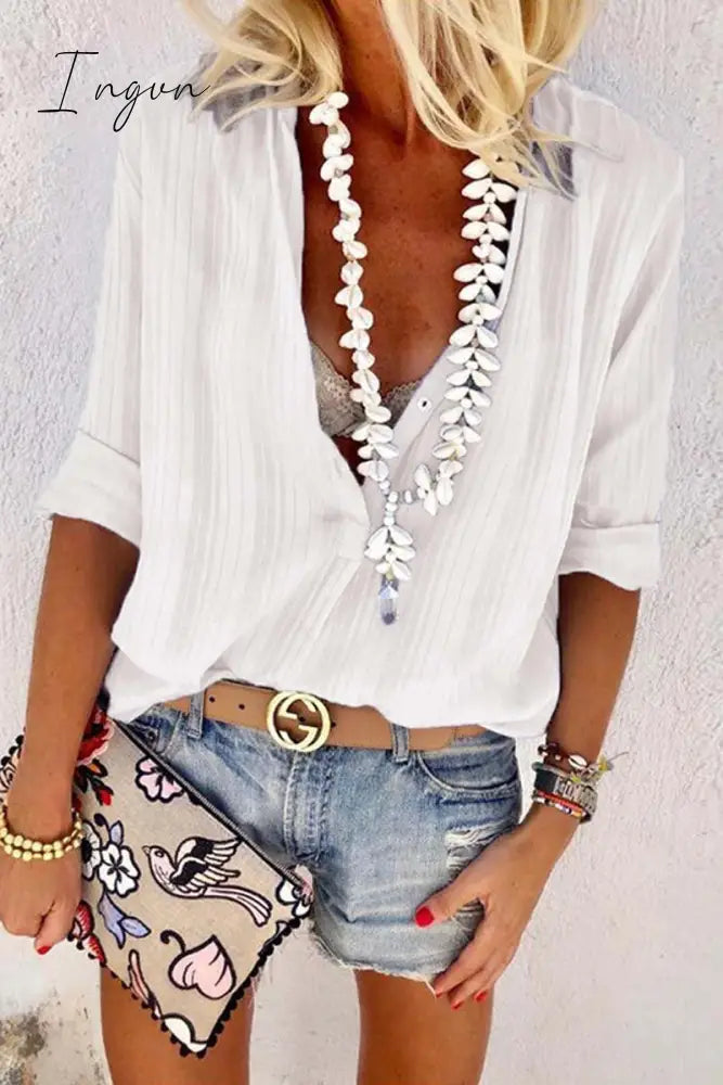 Ingvn -  Casual V Neck Button Blouse Tops
