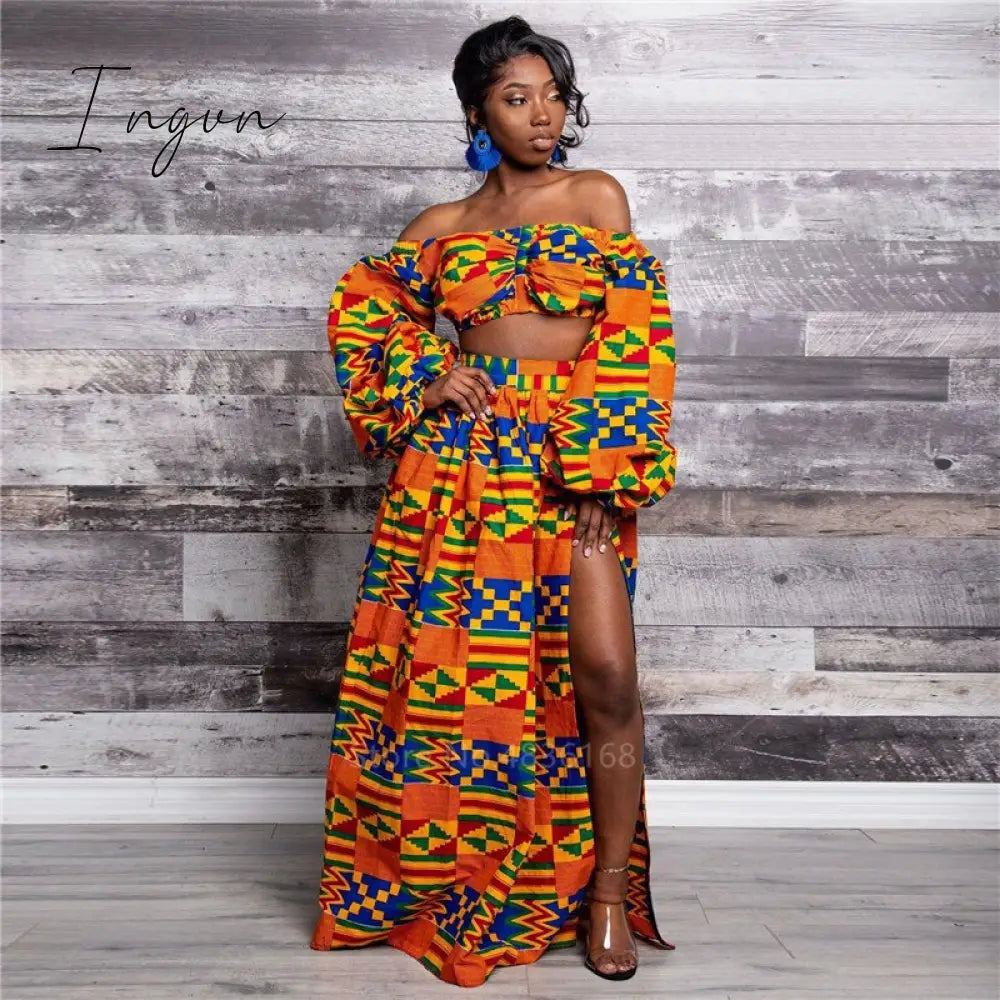Ingvn - African Dresses for Women Autumn 2-piece Set Lady Full Sleeve Shoulder Off Festher Dashiki Print Split Skirts Africna Clothes