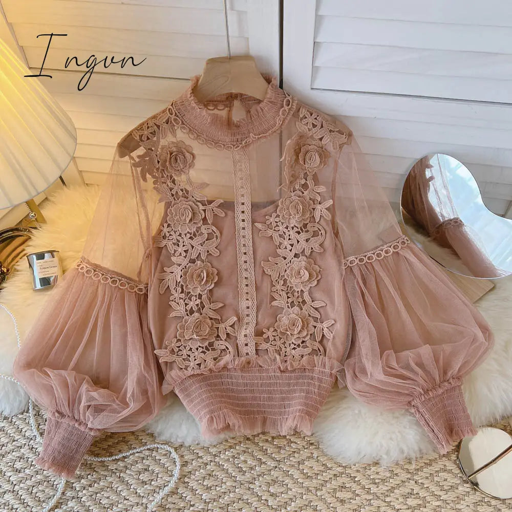 Ingvn - spring Women Mesh Tops Fashion Sexy Sheer Lace Blouse Lantern Sleeve 3D Floral Blouses Shirts Elegant Top Blusas Femininas