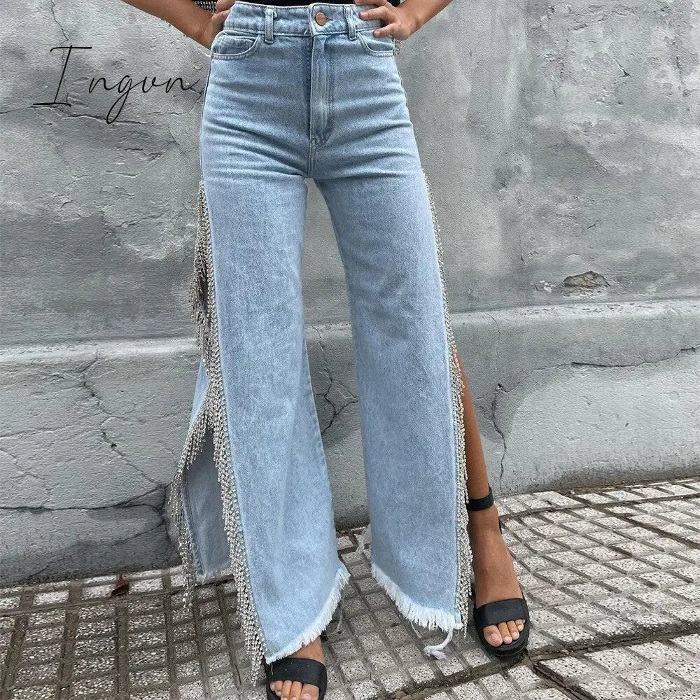 Ingvn - High Waisted Side Split Out Jeans Women Casual Loose Cargo Black Pants Streetwear Summer Wide Leg Long Baggy Y2k Jeans