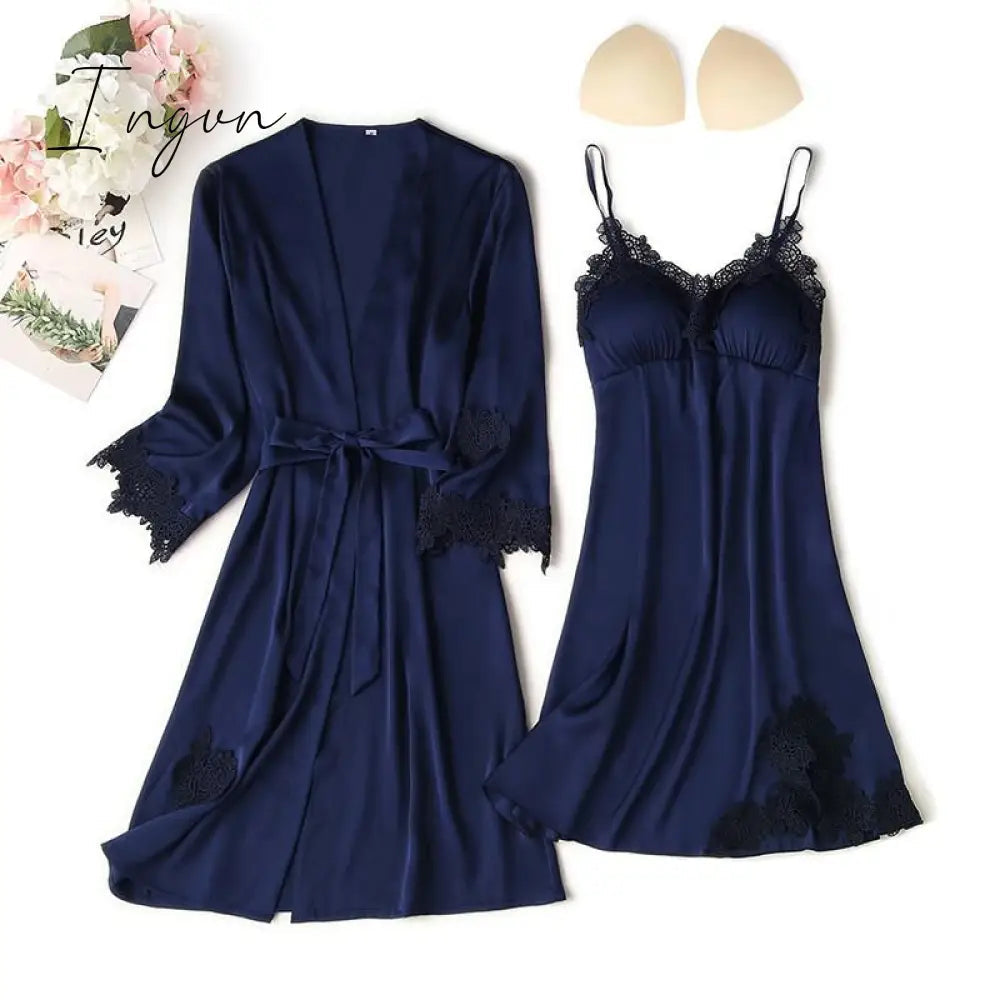 Ingvn - Lace Trim Sexy Wedding Lady Robe Suit Loose Satin Bride Bridesmaid Kimono Bathrobe Gown Mini Sleepwear Rayon Intimate Lingerie