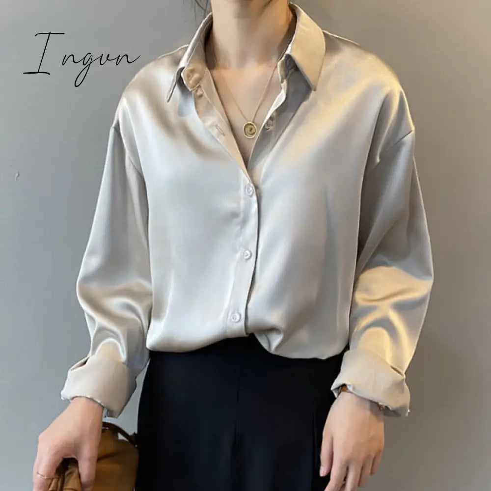 Ingvn - Silk Korean Office Ladies Elegant Shirt Blouse Women Fashion Button Up Satin Shirt Vintage White Long Sleeve Shirts Tops 11355