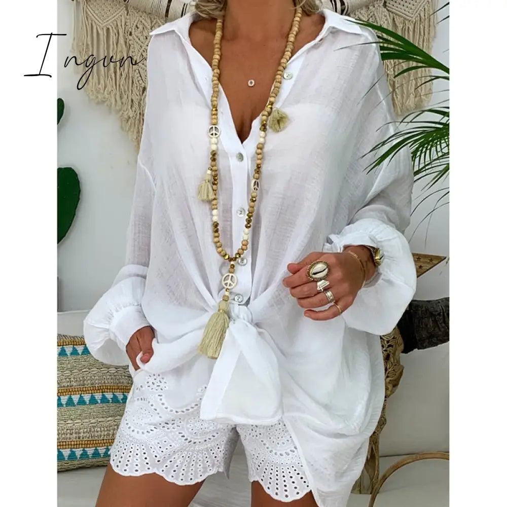 Ingvn - Women Long Blouses Shirts Dress Office Lady Work Dresses Casual Solid Lapel Vestidos Cotton Linen Tunic Shirt Robe Femme Dresses