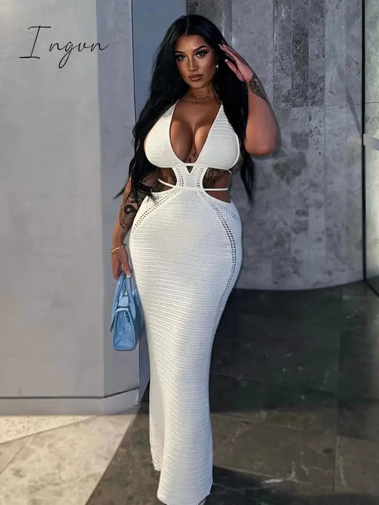 Ingvn - Hollow Out Halter Sexy Mini Dress Women Summer New Sleeveless Backless Skinny Club Party Knit Tank Dress Vestido
