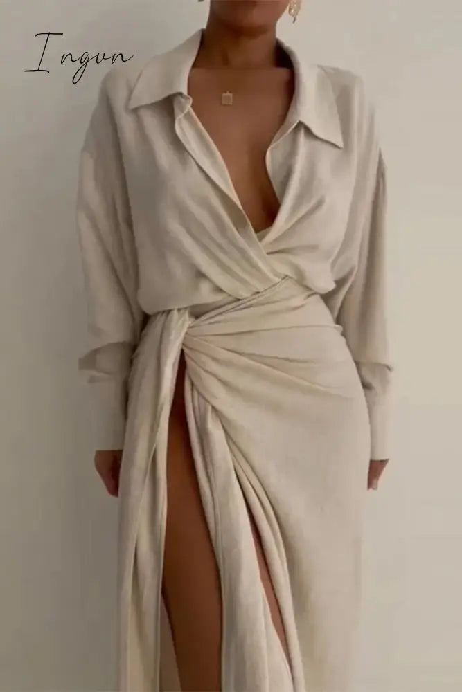 Ingvn - Sexy Solid High Opening Fold Turndown Collar Long Sleeve Two Pieces